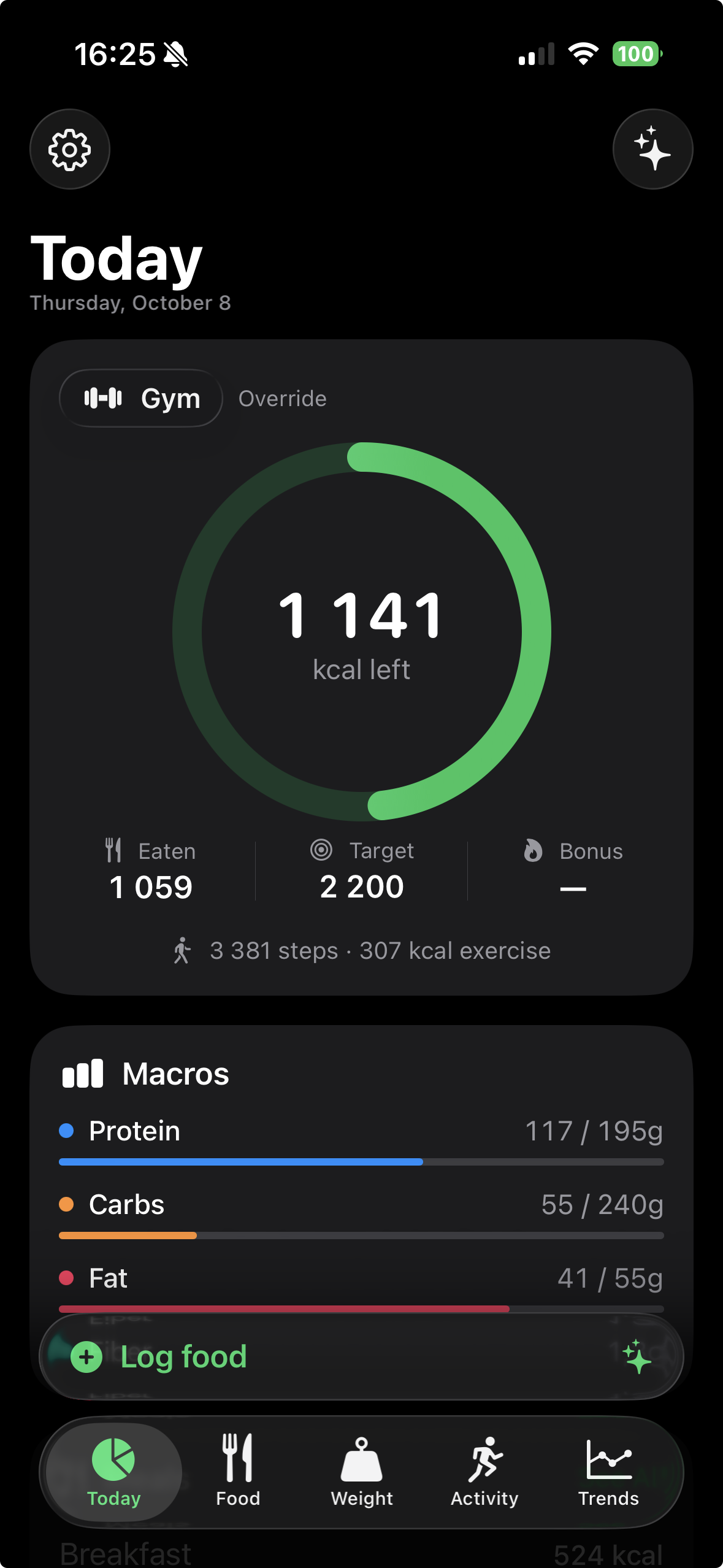 CalTracker iOS app Today screen with calories left, macro bars and the Log food button